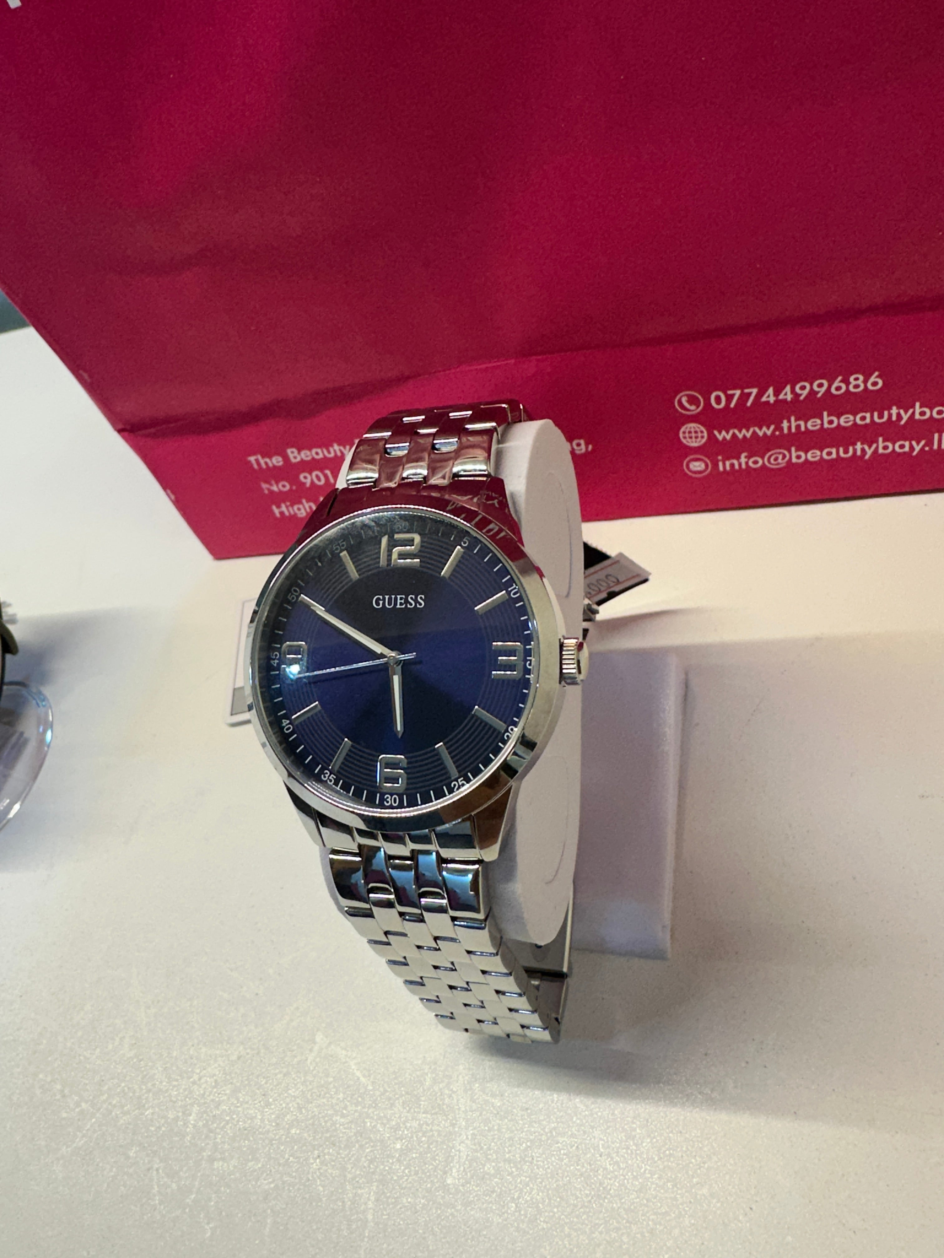 Guess Silver-Tone and Blue Analog Watch