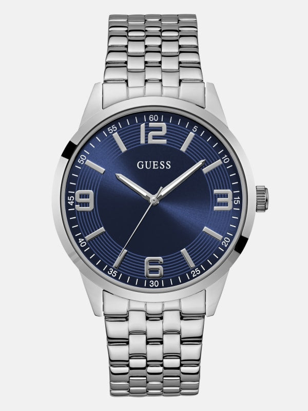 Guess Silver-Tone and Blue Analog Watch