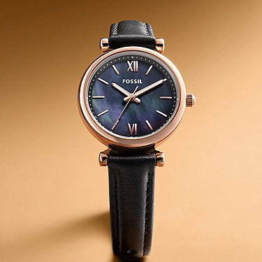 Fossil Carlie Mini 28mm Three-Hand Black Leather Watch