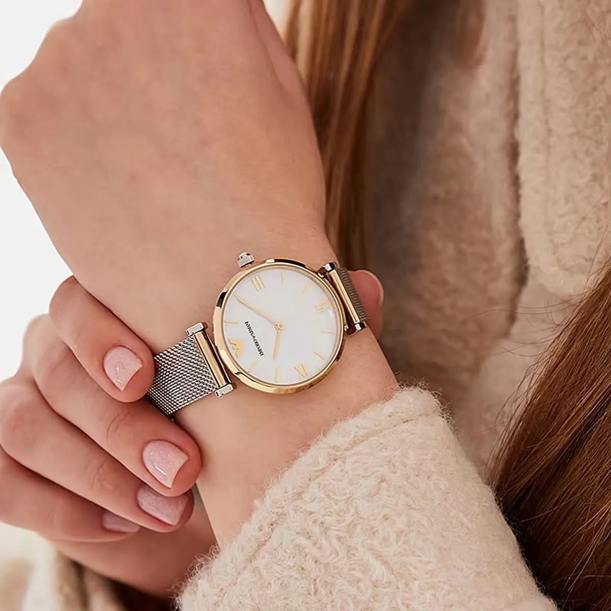 Emporio Armani Watch For Ladies Gianni T-Bar White Mesh Mother Of Pearl dial