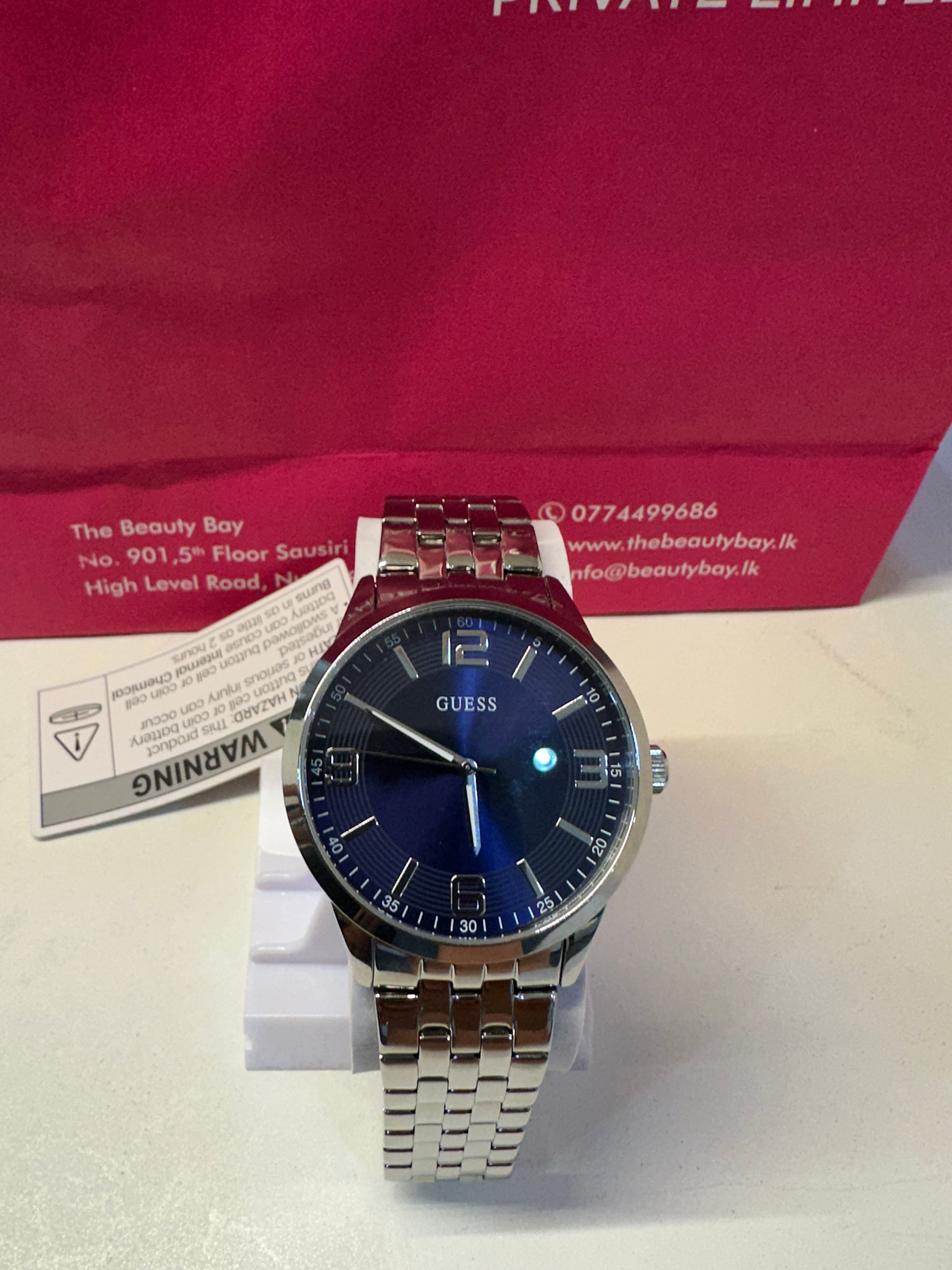 Guess Silver-Tone and Blue Analog Watch