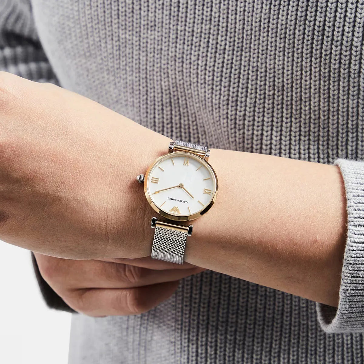 Emporio Armani Watch For Ladies Gianni T-Bar White Mesh Mother Of Pearl dial