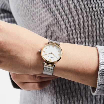 Emporio Armani Watch For Ladies Gianni T-Bar White Mesh Mother Of Pearl dial