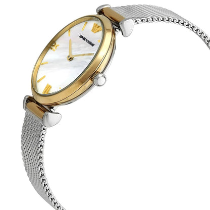 Emporio Armani Watch For Ladies Gianni T-Bar White Mesh Mother Of Pearl dial