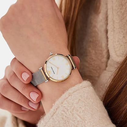 Emporio Armani Watch For Ladies Gianni T-Bar White Mesh Mother Of Pearl dial