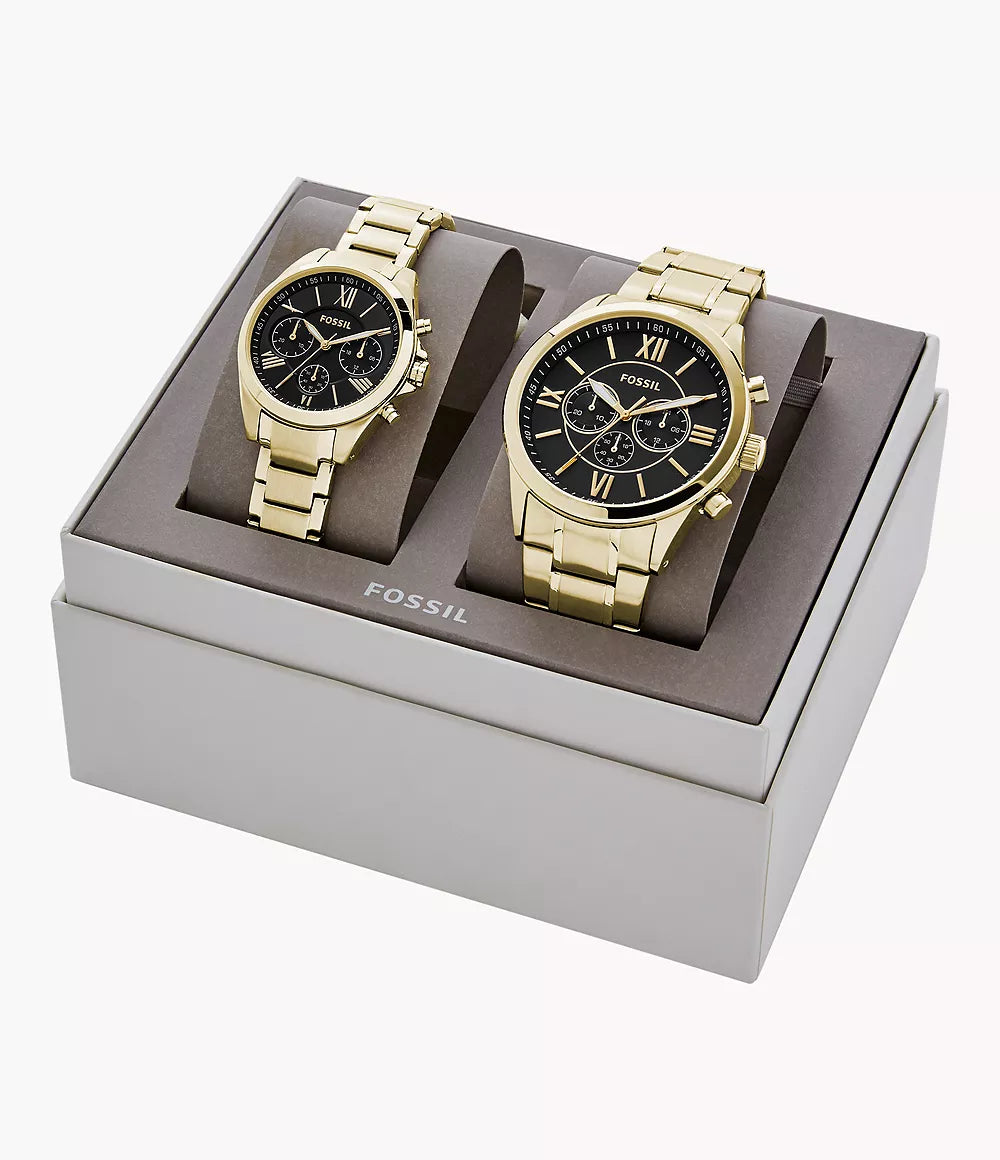 Fossil His and Her Chronograph Gold-Tone Stainless Steel Watch Gift Set