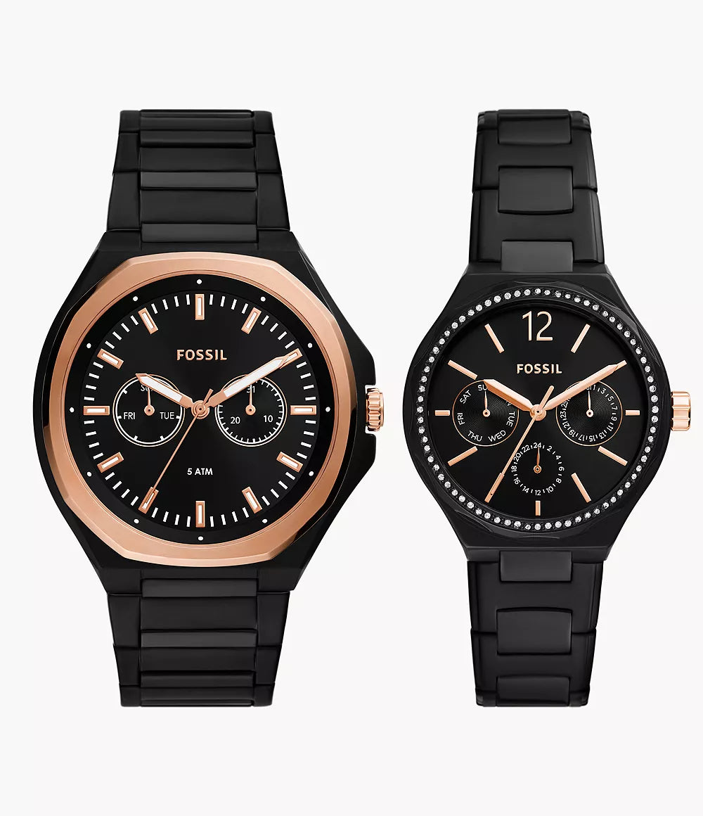 Fossil His and Her Multifunction Black Stainless Steel Couple Watch