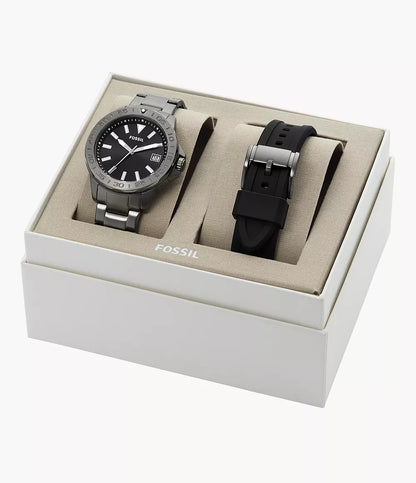 Fossil Bannon Three-Hand Date Smoke Stainless Steel Watch and Strap Box Set