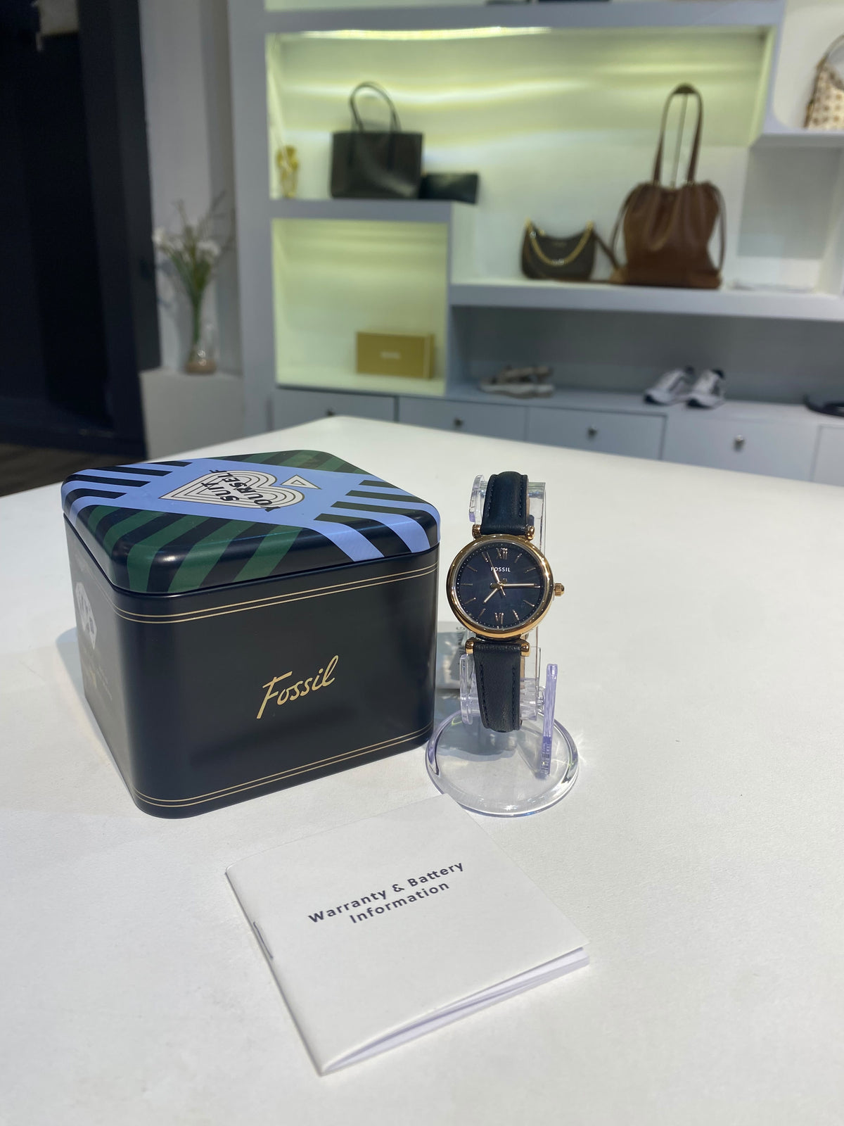 Fossil Carlie Mini 28mm Three-Hand Black Leather Watch
