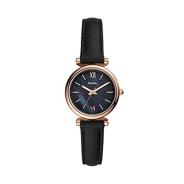 Fossil Carlie Mini 28mm Three-Hand Black Leather Watch