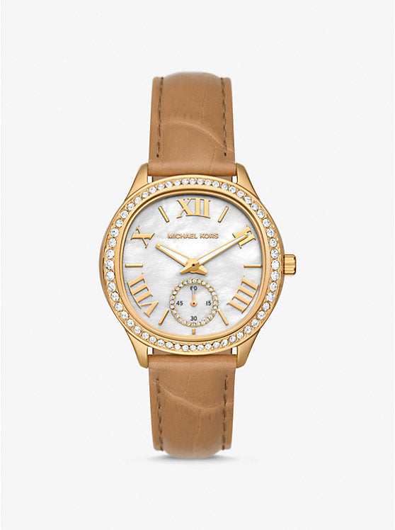 Michael Kors Sage Pavé Gold-Tone and Crocodile Embossed Leather Watch